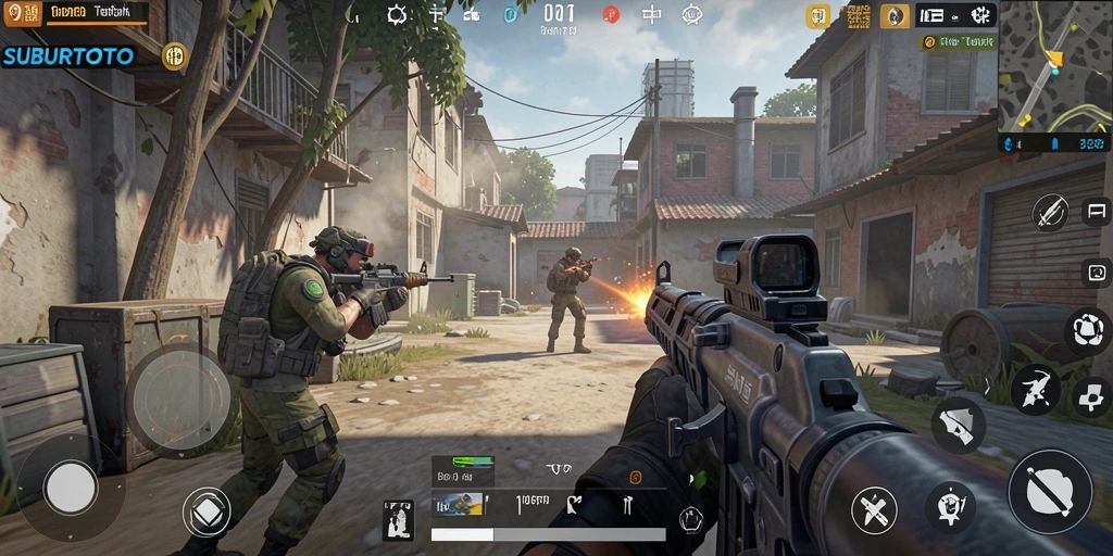 Screenshot dari gameplay SUBURTOTO menampilkan aksi menembak yang seru.