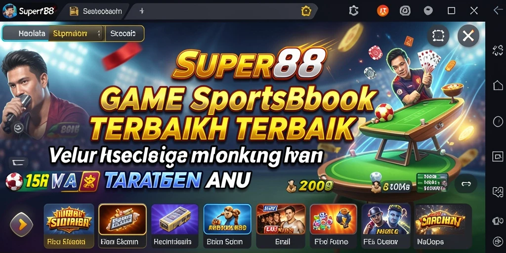 Tangkapan layar utama SUPER88 menampilkan antarmuka aplikasi Sportsbook yang interaktif.